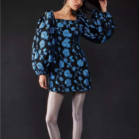 Free People Aureta Georgia Mini Dress NEW Size XS Formal Puff Sleeve Blue Floral - Picture 1 of 13
